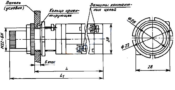 Схема габаритных размеров кнопки КМЕ-6112, КМЕ-6113
